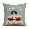 Housse de coussin de Noël en lin avec motif Père Noël et flocons sur fond bleu-vert - 45x45 cm / 15/Père Noël Cheminée