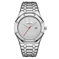 Silver stainless steel men's watch with octagonal bezel and red second hand accent - Silver Case White Dial Men