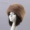 Winter plush camel faux rabbit fur hat for women with a warm thick round flat top - One Size / Camel