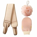 Beige en roze exfoliërende badset met rugschrobber, douchespons en scrubhandschoen - 3-delige set (Handschoen + Rugschrobber + Badbal) / Lichtroze