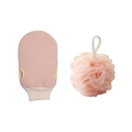Pink exfoliating bath set with textured scrubbing glove and mesh loofah sponge - 2-Piece Set (Mitt + Bath Ball) / Light Pink