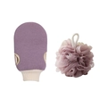 Two-piece purple bathing set including a textured bath mitt and soft mesh shower loofah - 2-Piece Set (Mitt + Bath Ball) / Purple Coffee