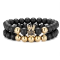 Bracciali di perle nere opache con ciondoli corona dorati e micro-zirconi incastonati - Oro