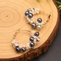 Handmade gold woven hoop earrings with natural freshwater pearls and clear crystals - Black Pearl Style