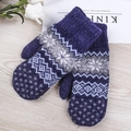 Winter navy blue knitted mittens with snowflake patterns and thick thermal wool blend texture - One Size / Navy Blue