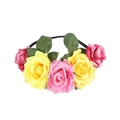 Detailed view of the colorful fabric rose flower crown headband, perfect for bridal and party. - Pink + Yellow + Pink