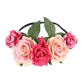 Detailed view of the fabric rose floral headband, showing vibrant petals and green leaves. - Rose Red + Peach Pink + Pink