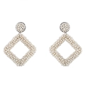 Detail view of handmade white seed bead woven earrings featuring geometric rhombus charms - Milky White