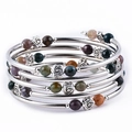Bohemian multi-layer snake jasper and turquoise wrap bracelet with silver rose beads - India Agate