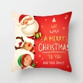 Detailed view of red and beige Christmas pillow cover with Santa and reindeer motifs - Christmas Wish Greetings (DRD315-17)