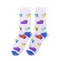 Dettaglio di calze in cotone con cani colorati e talloni blu su fondo grigio - Stile Cane con Occhiali da Sole Grigio (A332)