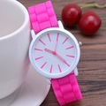 Classic slim silicone quartz watch with white round case and pink strap for women - Rose Red