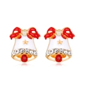 Detail showing golden Christmas bell earrings with red bow, white enamel, and rhinestones - White Bow Bell