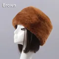 Winter brown faux rabbit fur hat with thick plush lining and round top flat design - One Size / Brown
