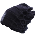 Navy blue winter knitted beanie with textured diamond pattern and square logo patch - One Size / Black