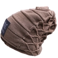 Detail shot of a dark brown knit beanie showing ribbed texture and decorative black fabric patch - One Size / Light Coffee