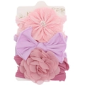 Set of 3 stretchy nylon baby headbands with flowers and bows on display card - Pink/Purple/Dark Pink Style