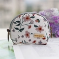 Semi-circular cotton canvas coin purse with pink floral pattern and handmade label - Beige Flower