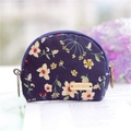 Floral navy blue fabric coin purse with handmade wooden label and semicircular zipper - Royal Blue Flower