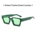 Retro thick-frame square sunglasses featuring dark green frames and light green lenses - Green Frame Green Lenses