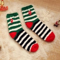 Thick Christmas coral fleece socks with green stripes and red snowflake embroidery - Bell Embroidery - Multi Stripes
