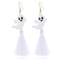 Macro detail of white Halloween ghost earrings with silky tassels and gold hooks - Ghost Tassels