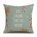 Detail of Christmas linen pillowcase showing gingerbread patterns and Merry text - 18x18 Inch / 16/Gingerbread World