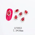 Macro shot of red teardrop nail rhinestones with silver alloy base and colorful AB crystals - Waterdrop-LF2953 / Silver/Red
