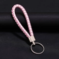 Portachiavi in pelle intrecciata rosa e bianca con anello e chiusura in metallo - 30*1.6mm / Rosa e Bianco
