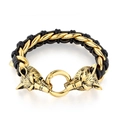 Detalle de cabezas de lobo doradas en pulsera de cuero negro trenzado para hombres - 21.5cm / Dorado