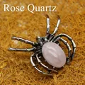 Spider shaped brooch pendant with oval rose quartz stone in an antique silver finish - Rose Quartz
