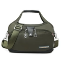Versatile army green oxford fabric handbag with black leather trim and adjustable strap - Field Green