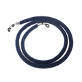 Detail view of dark blue velvet eyewear strap with metallic connectors and silicone rings - Navy Blue