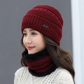 Winter knitted beanie and neck warmer set in classic burgundy red with warm fleece lining - Burgundy