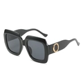 Classic oversized square sunglasses with black frame and golden circular temple accents - Black Frame Black Grey Lens