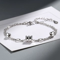 Minimalist S925 silver waist bracelet with polished beads and black enamel cylinder charm - Layered Style / White Gold