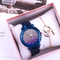 Ladies magnetic strap starry watch with heart pendant bracelet set in a pink gift box - Blue + Bracelet + Box