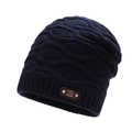 Berretto blu navy a maglia a trecce con fodera in lana e classica toppa in pelle - Taglia unica / Blu Notte