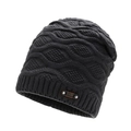 Deep gray knitted wool beanie with thick diamond pattern and classic leather patch - One Size / Gray