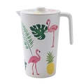 Beige bamboo fiber water pitcher with pink flamingo and tropical palm patterns - Flamingo/Pineapple