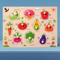 Wooden vegetable peg puzzle for toddlers with pea mushroom and carrot pieces - Vegetable