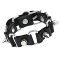 Men's punk style black leather bracelet featuring silver metal rings and industrial spikes - Black