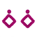 Handmade rose red geometric beaded earrings with hollow rhombus dangle and round stud - Purple