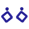 Detail of dark blue beaded earrings featuring handcrafted geometric rhombus charms - Blue