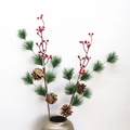 Artificial Christmas pine branches with red berries and pinecones in a vase for home decor - Red Berry Pine Needle Pine Cone Branch
