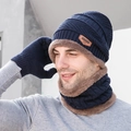 Three-piece winter knit set for men with hat, scarf and gloves in dark blue fleece lining - Adult Set / Navy Blue