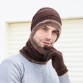 Dark brown knitted winter set with thermal fleece lining and touchscreen gloves - Adult Set / Coffee