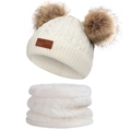 Winter kinder mütze und schal set gestrickt mit flauschigen bommeln in weiß und sehr warm - Set / Doppelbommel / Weiß