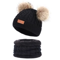 Winter kids black double pom pom knit hat and fleece lined neck warmer scarf set baby warm. - Set / Double Pom Poms / Black