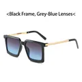 Square black sunglasses with yellow gold metal arms and grey-blue gradient lenses - Black Frame Grey Blue Lens